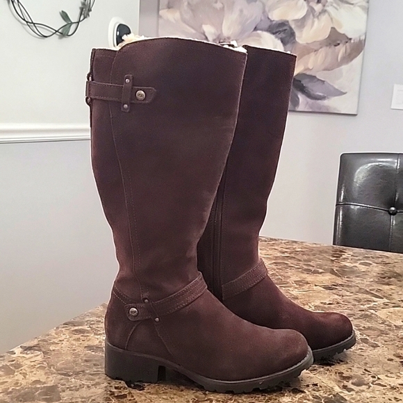 UGG Jillian Shearling Knee Boots Suede Leather Tall Brown Sheepskin Wint… - Picture 2 of 10